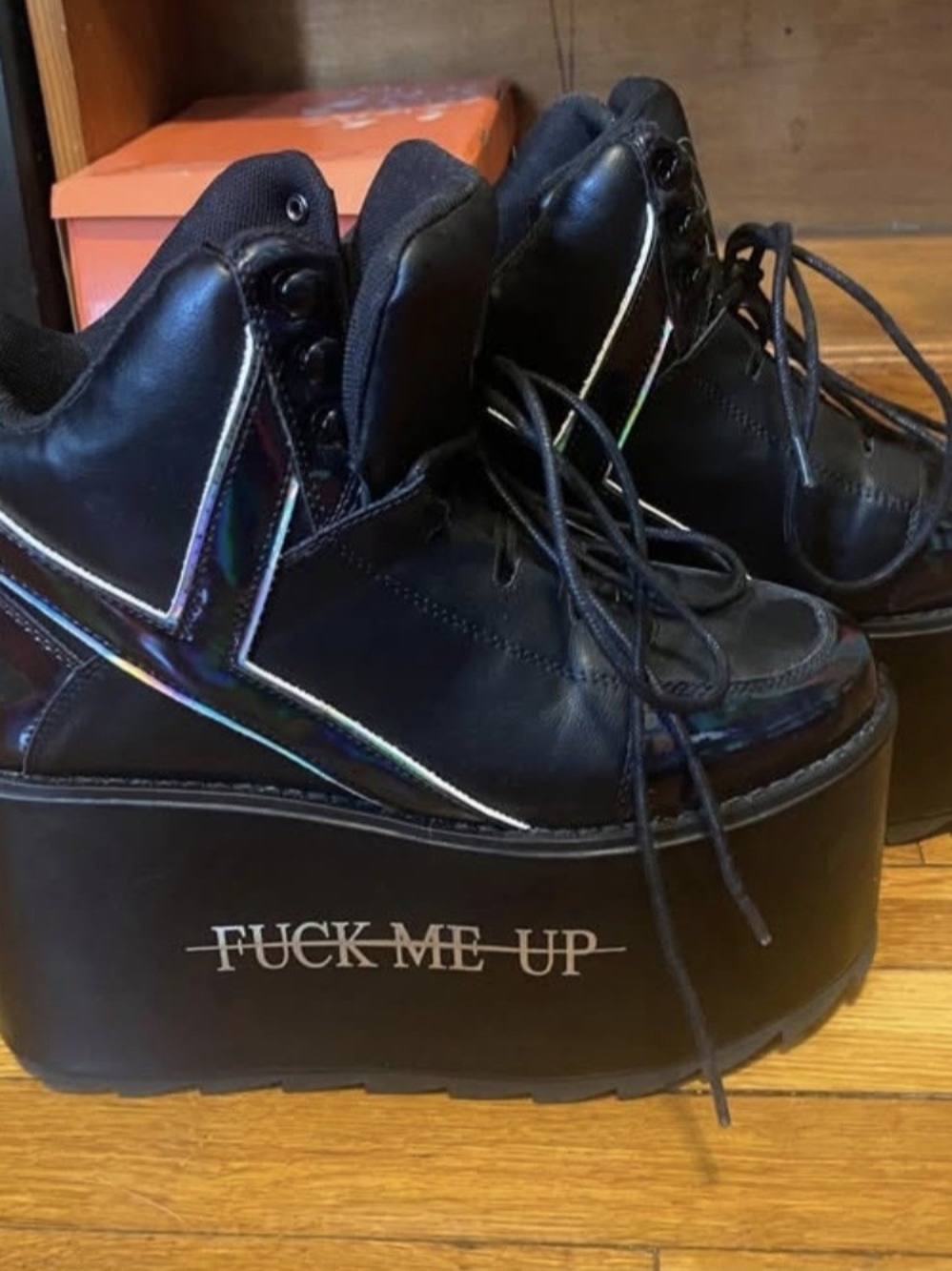 Platform Lace-Up Sneakers in Black with Iridescent Trim